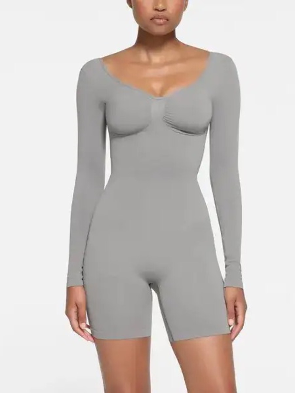 SKIMS Seamless Sculpt Long Sleeve Bodysuit in Light Gray